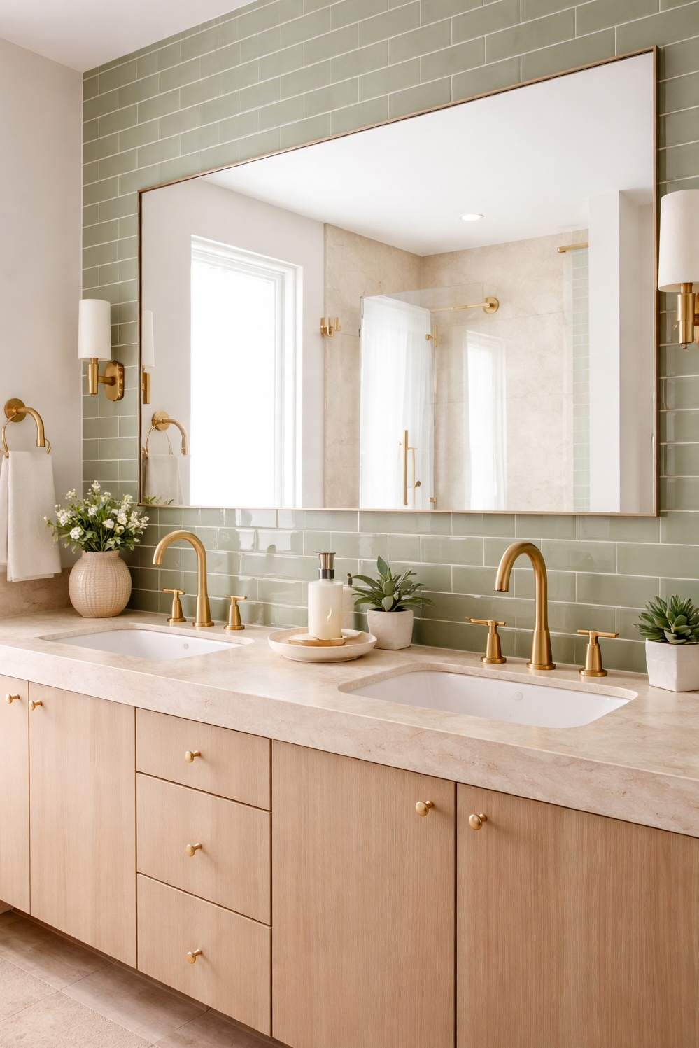 22 Ideas for a Tranquil Beige and Green Bathroom - Calming Subway Tiles Create a Backdrop - These green subway tiles create a calming backdrop....