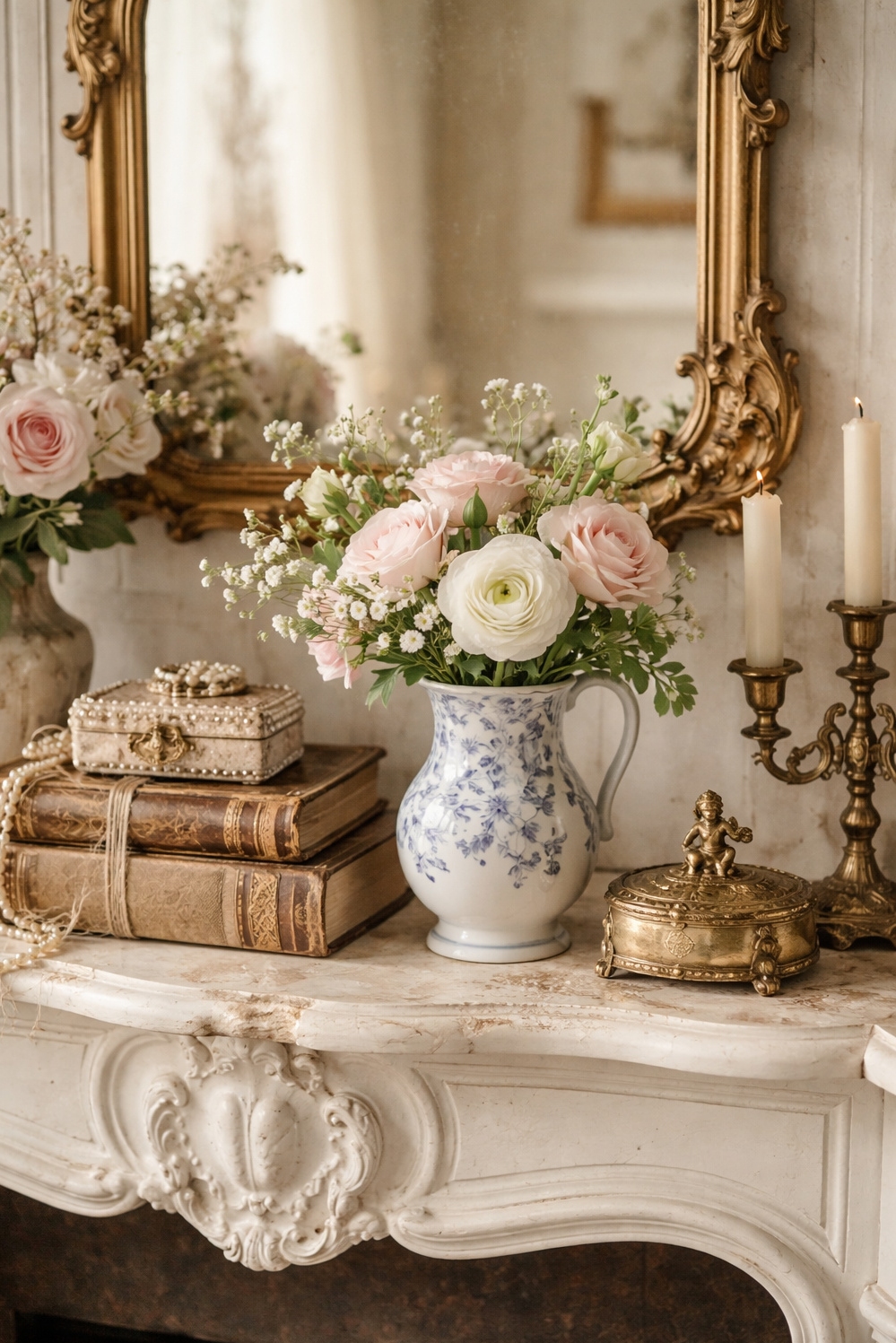 20 Dark Academia French Style Decor Secrets - Antique Books Anchor French Mantelpiece - These antique books, stacked casually on the mantelpiece,...