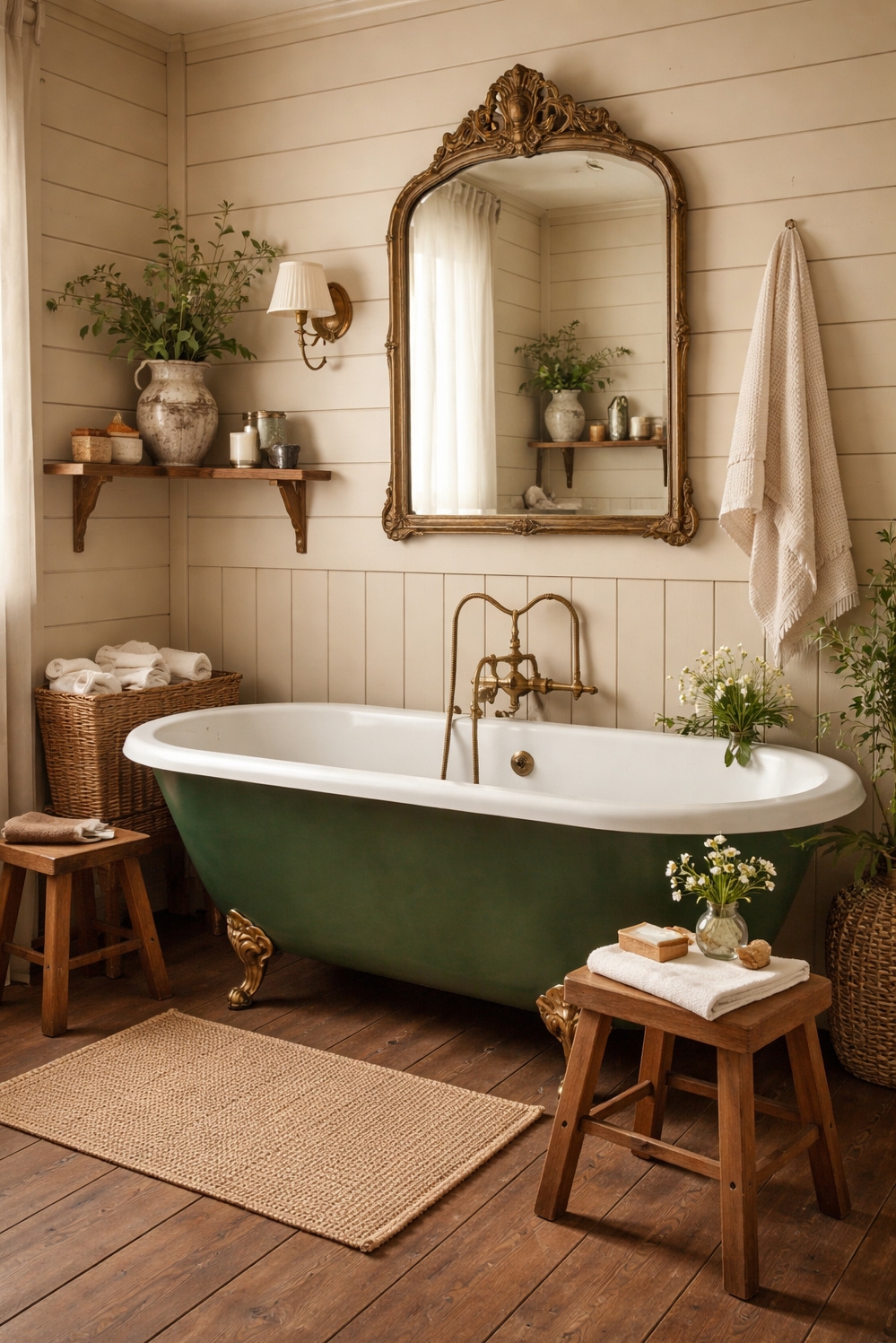 22 Ideas for a Tranquil Beige and Green Bathroom - Soft Walls Create Warm Bathroom - These shiplap walls in soft beige create a...