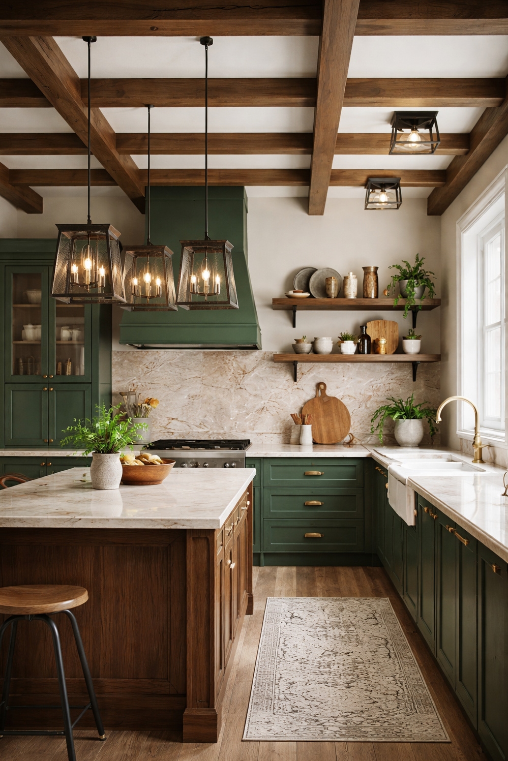 18 Ways to Illuminate with Textured Farmhouse Kitchen Lights - Wooden Beams and Dangled Farmhouse Lights - These textured lights steal the show. They dangle...