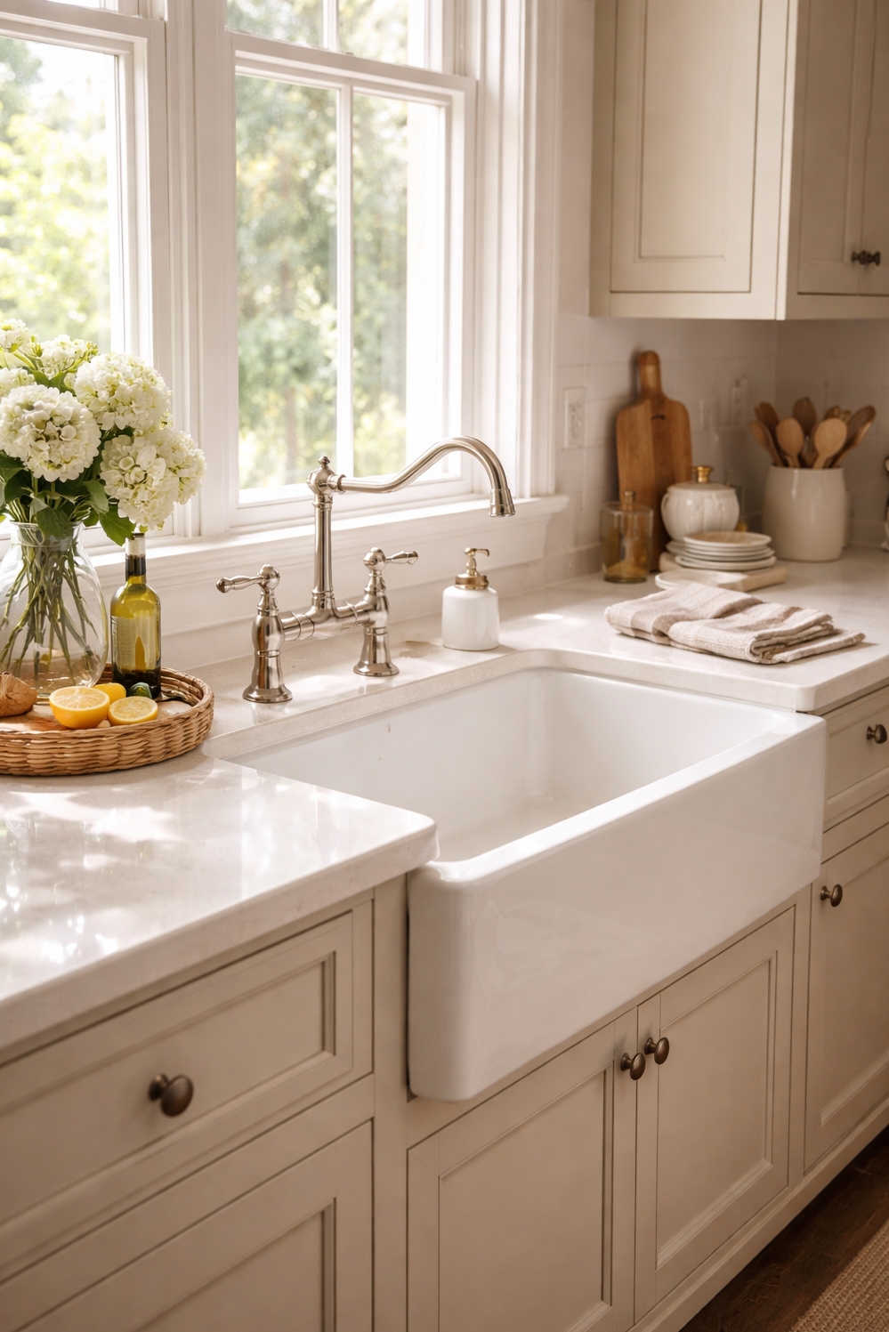 22 Light Taupe Kitchens Ideas That Are Trending in 2026 - Sunlight Accents Light Taupe Kitchen - The farmhouse sink steals the show in this...