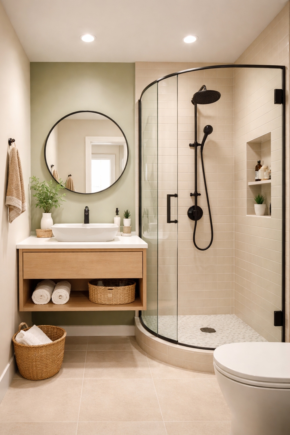 22 Ideas for a Tranquil Beige and Green Bathroom - Round Mirror Grabs the Eye - The round mirror really grabs your attention. Its...