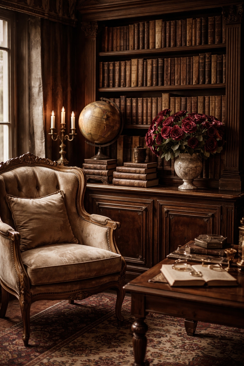 20 Dark Academia French Style Decor Secrets - Aged Bookshelf Creates French Texture - The dark academia bookshelf anchors this French style...