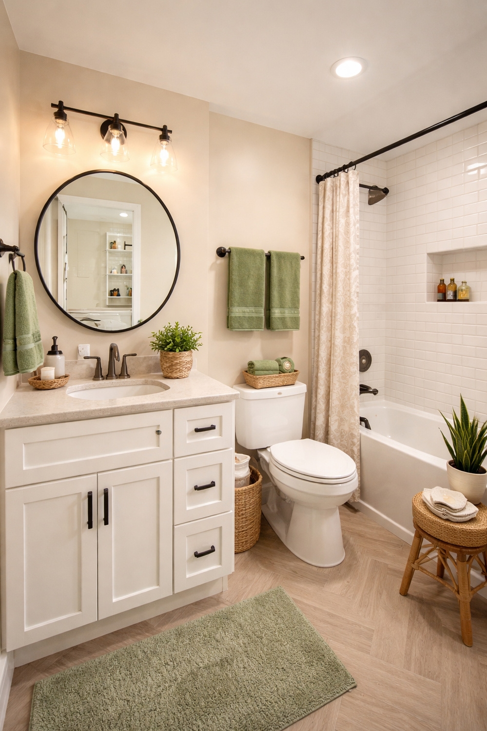 22 Ideas for a Tranquil Beige and Green Bathroom - Soft Walls Create Calm Backdrop - These soft beige walls create a calm backdrop,...