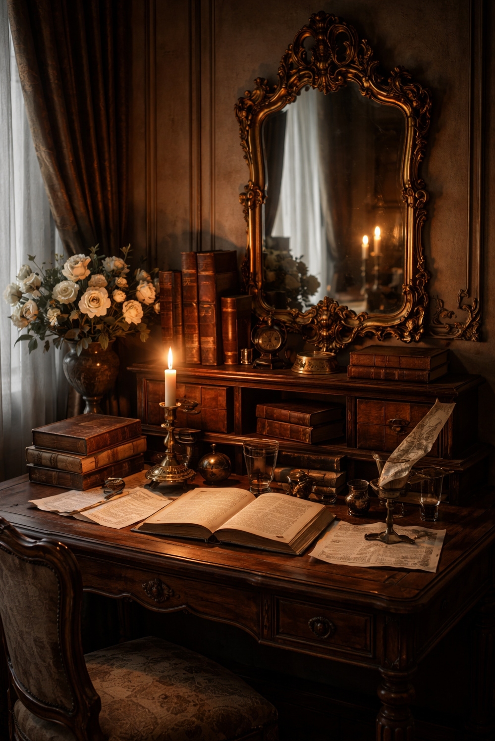 20 Dark Academia French Style Decor Secrets - Vintage Desk: Dark Academia Scene - The vintage desk anchors this dark academia French...