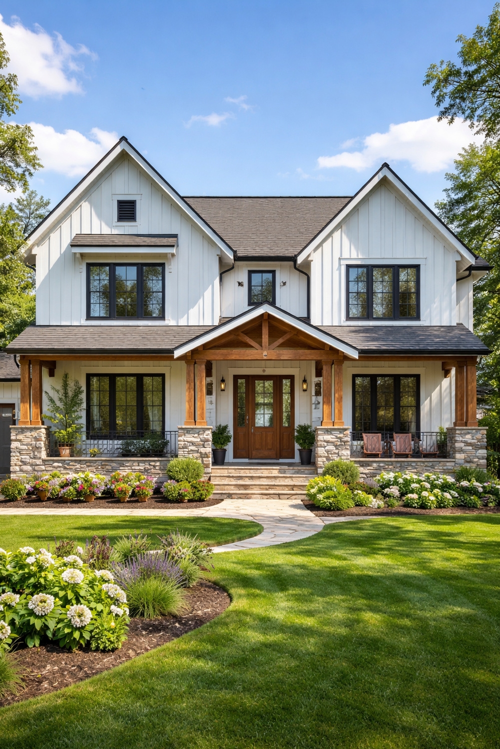 20 Stunning Houses: Stone Exterior Design Ideas - Stone Accents Make Modern Farmhouses Sing - These stone accents really make this modern farmhouse...