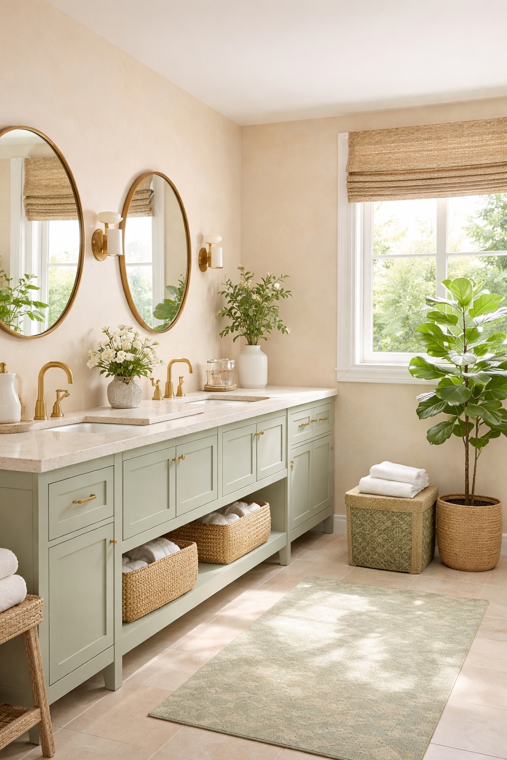 22 Ideas for a Tranquil Beige and Green Bathroom - Walls With Feel - These beige walls feel warm and inviting. Light...