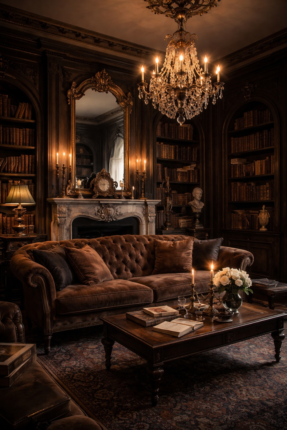 20 Dark Academia French Style Decor Secrets - Dark Wood Anchors French Living Room - The dark wood furniture anchors this French style...