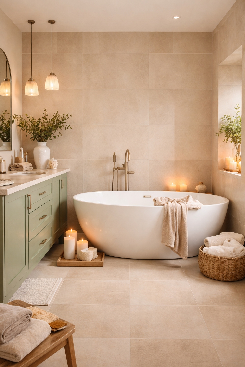 22 Ideas for a Tranquil Beige and Green Bathroom - Freestanding Tub Grabs Your Attention - The freestanding tub grabs your attention right away....