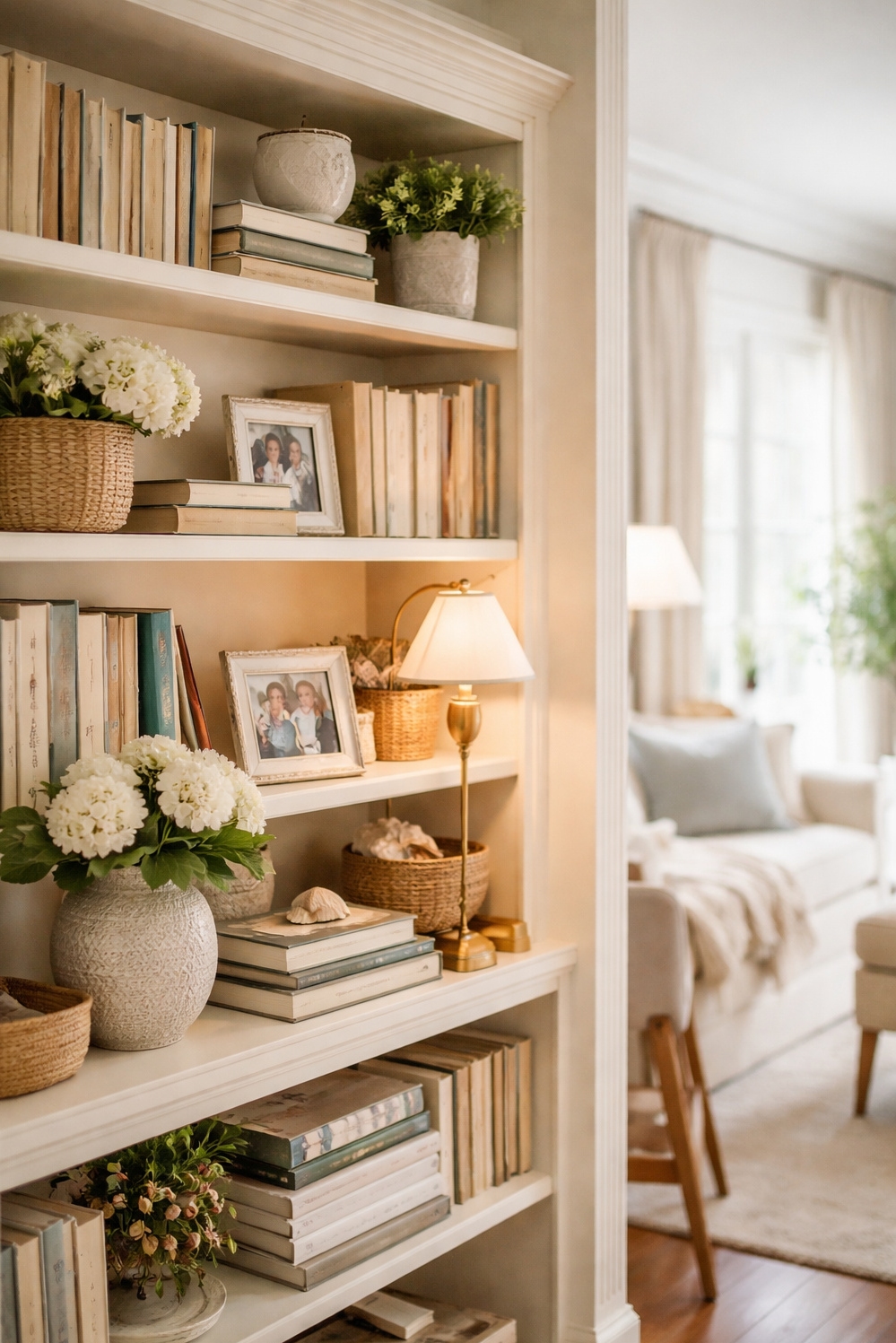 16 Nancy Meyers Interiors Style Examples For Your House - Warm, Lived-In Bookshelf: Close Shot - The bookshelf, in this close shot, feels warm...