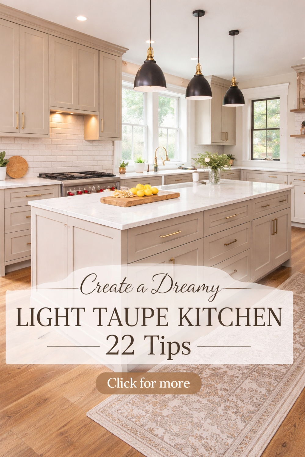 22 Light Taupe Kitchens Ideas That Are Trending in 2026 - Wide-Angle Kitchen Shot Feels Inviting - The light taupe kitchen in this wide-angle shot...