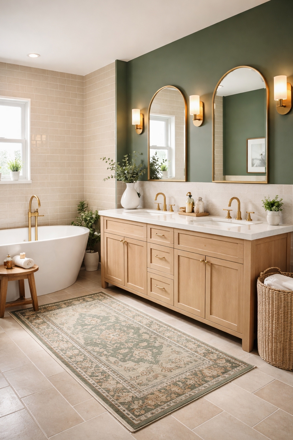 22 Ideas for a Tranquil Beige and Green Bathroom - Dark Green Accent Wall Ideas - The dark green accent wall really grabs your...