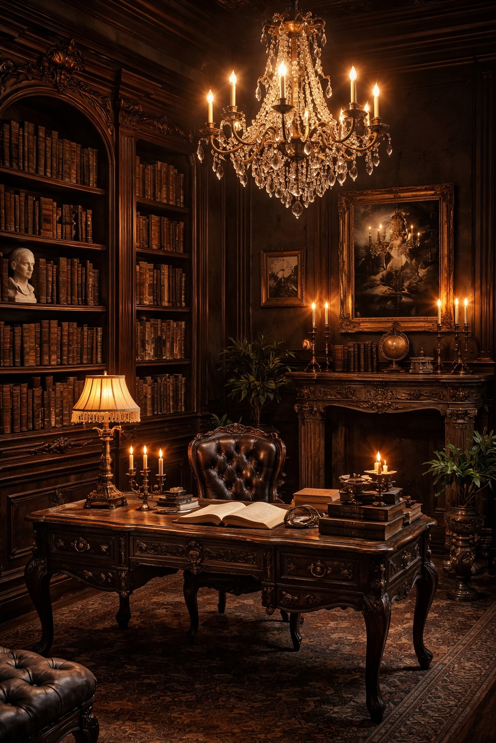 20 Dark Academia French Style Decor Secrets - Moody Walls Create French Vibe - The dark walls in this room create a...