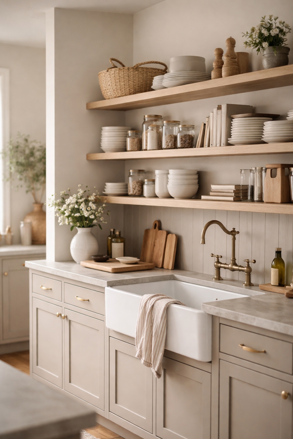 22 Light Taupe Kitchens Ideas That Are Trending in 2026 - Light Taupe Kitchens: Open Shelving Focal Point - These open shelving units create a focal point...