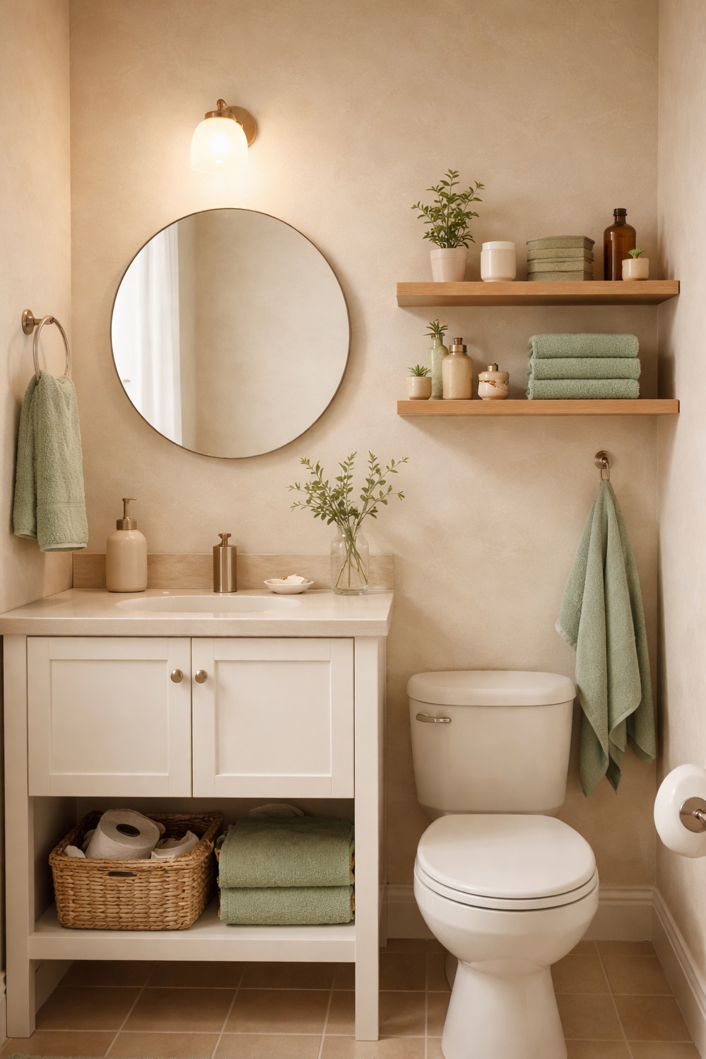 22 Ideas for a Tranquil Beige and Green Bathroom - Beige and Green: Towels Soften Room - These light green towels soften the room. They...