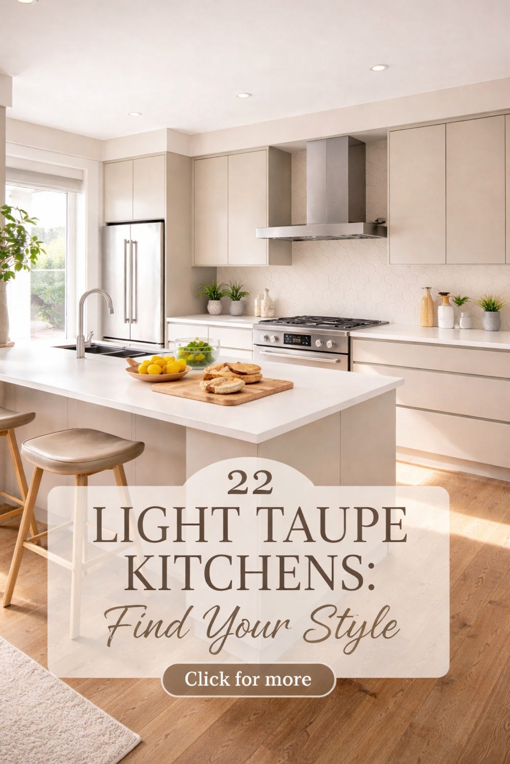 22 Light Taupe Kitchens Ideas That Are Trending in 2026 - Calming Kitchen: Handleless Cabinets Shine - The light taupe kitchen has a calming effect,...