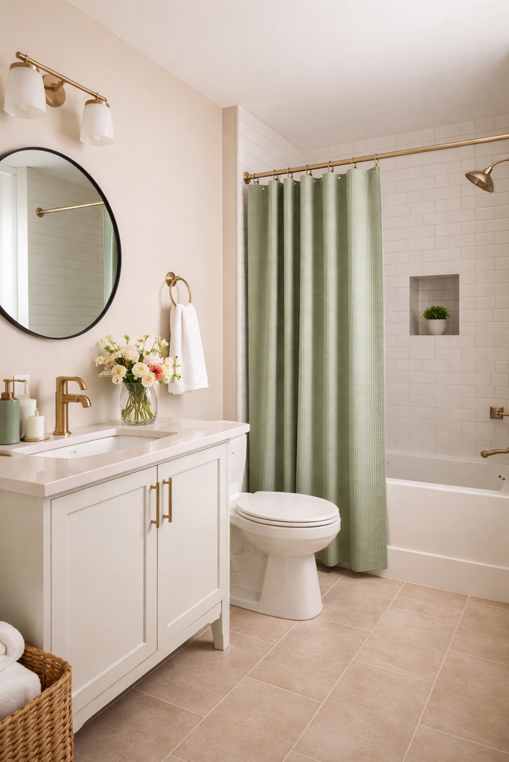 22 Ideas for a Tranquil Beige and Green Bathroom - Calming Shower Curtain Steals the Show - The green shower curtain steals the show with...