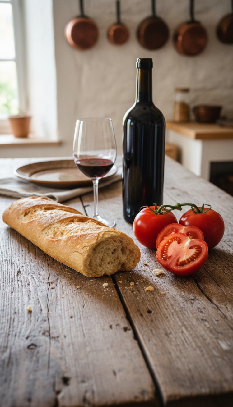 vintage french kitchen - Weathered Wood Anchors French Farmhouse Scene - The weathered wood table anchors this French farmhouse...