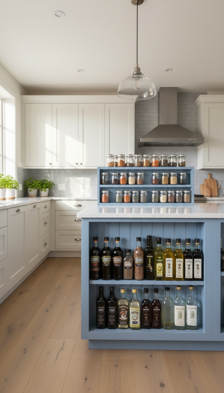 Countertop Hutch for kitchen storage - Blue Hutch: Bright, Airy Kitchen Shot - The blue Countertop Hutch stands out in this...