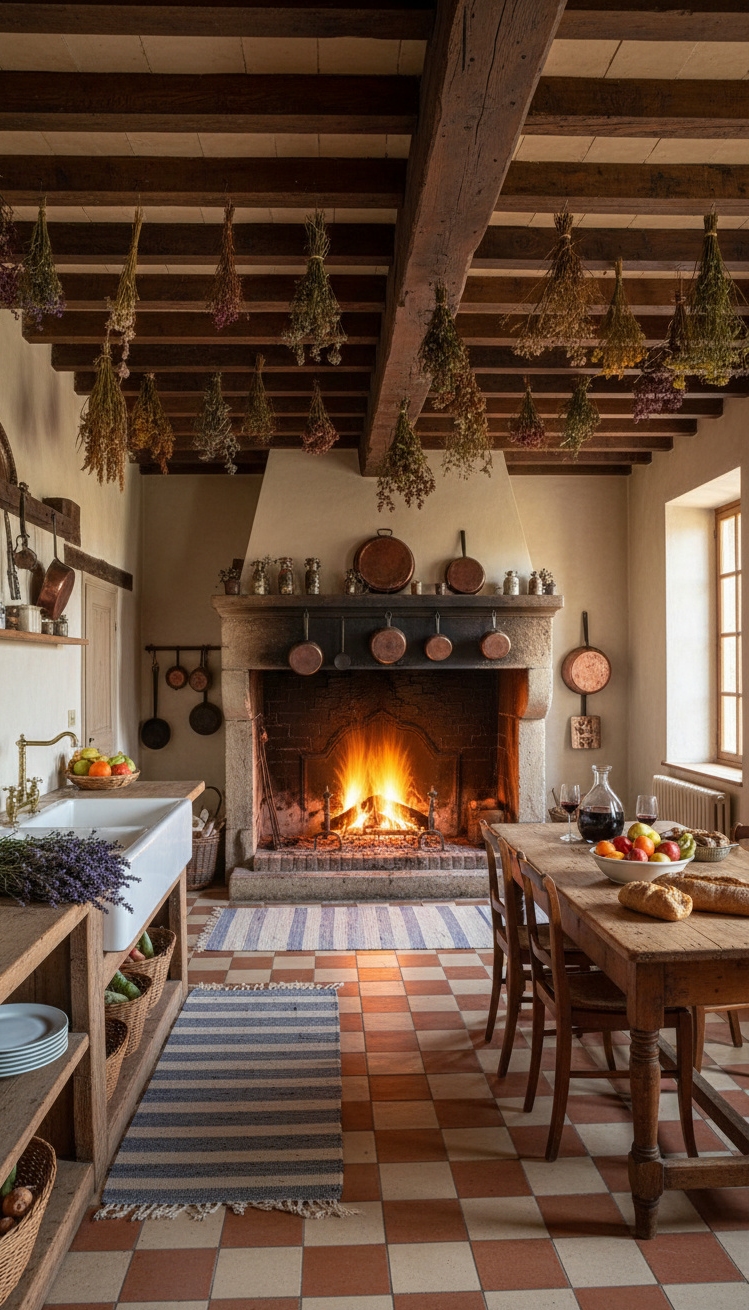 vintage french kitchen - Stone Fireplace Commands Kitchen Attention - The stone fireplace commands attention, its rough texture...