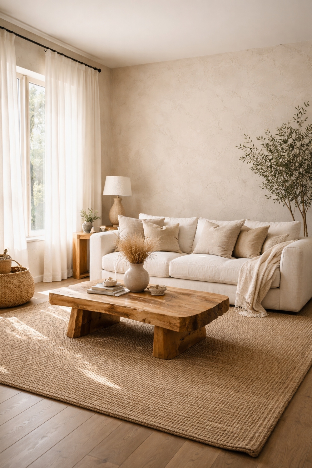 organic neutral living room - Linen Drapes: A Soft, Neutral Glow - These linen drapes diffuse sunlight into a soft...