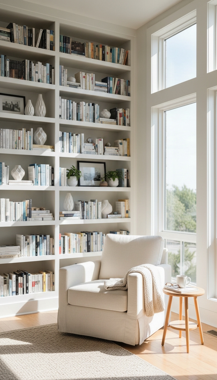 white bookshelves ideas - White Bookshelves: Striking Focal Point - These floor-to-ceiling white bookshelves create a striking focal...