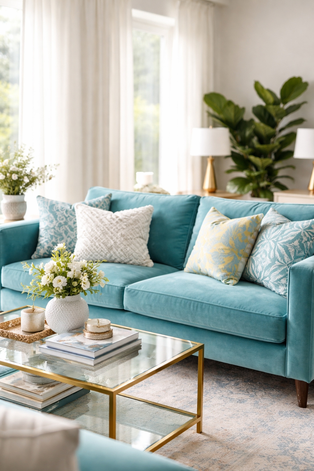 turquoise living room decor - Turquoise Living Room: Bright, Airy Design - These sheer curtains let light flood into this...