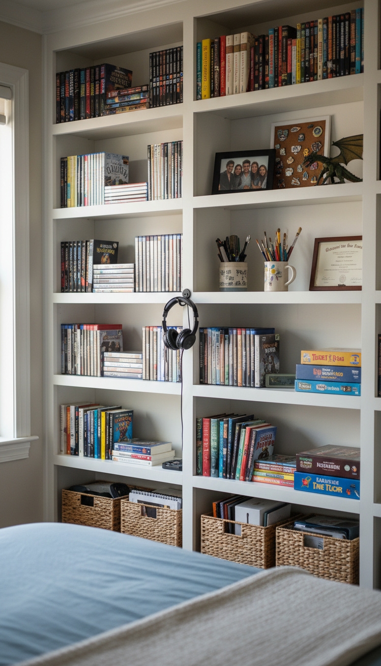 white bookshelves ideas - White Bookshelves Featuring Bright Teen Style - These white bookshelves featuring books, games, and mementos...