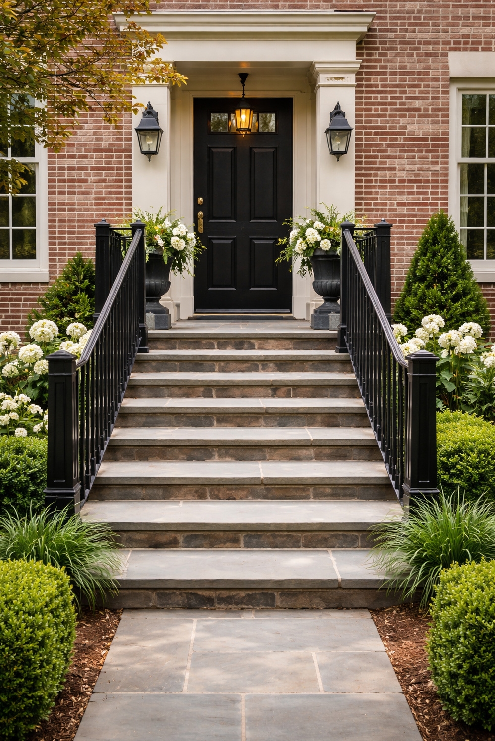 Black metal stair railings - Black Railings: Striking Contrast Against Brick - These black metal stair railings offer a striking...