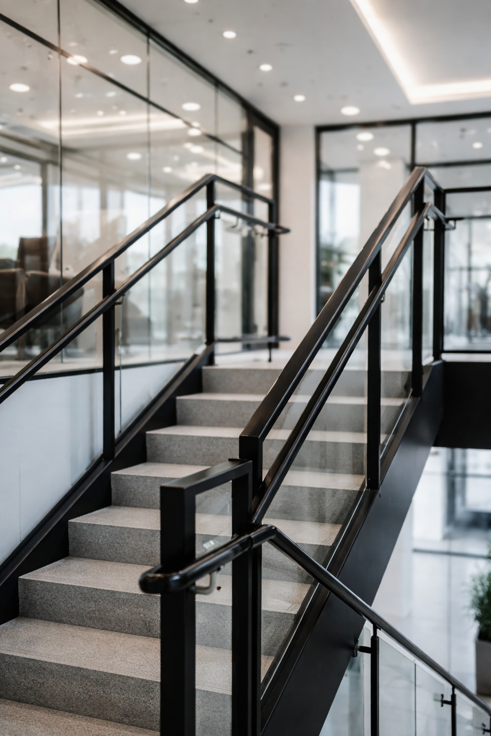 Black metal stair railings - Sharp Contrast: Black Metal Railings - These black metal stair railings offer a sharp...