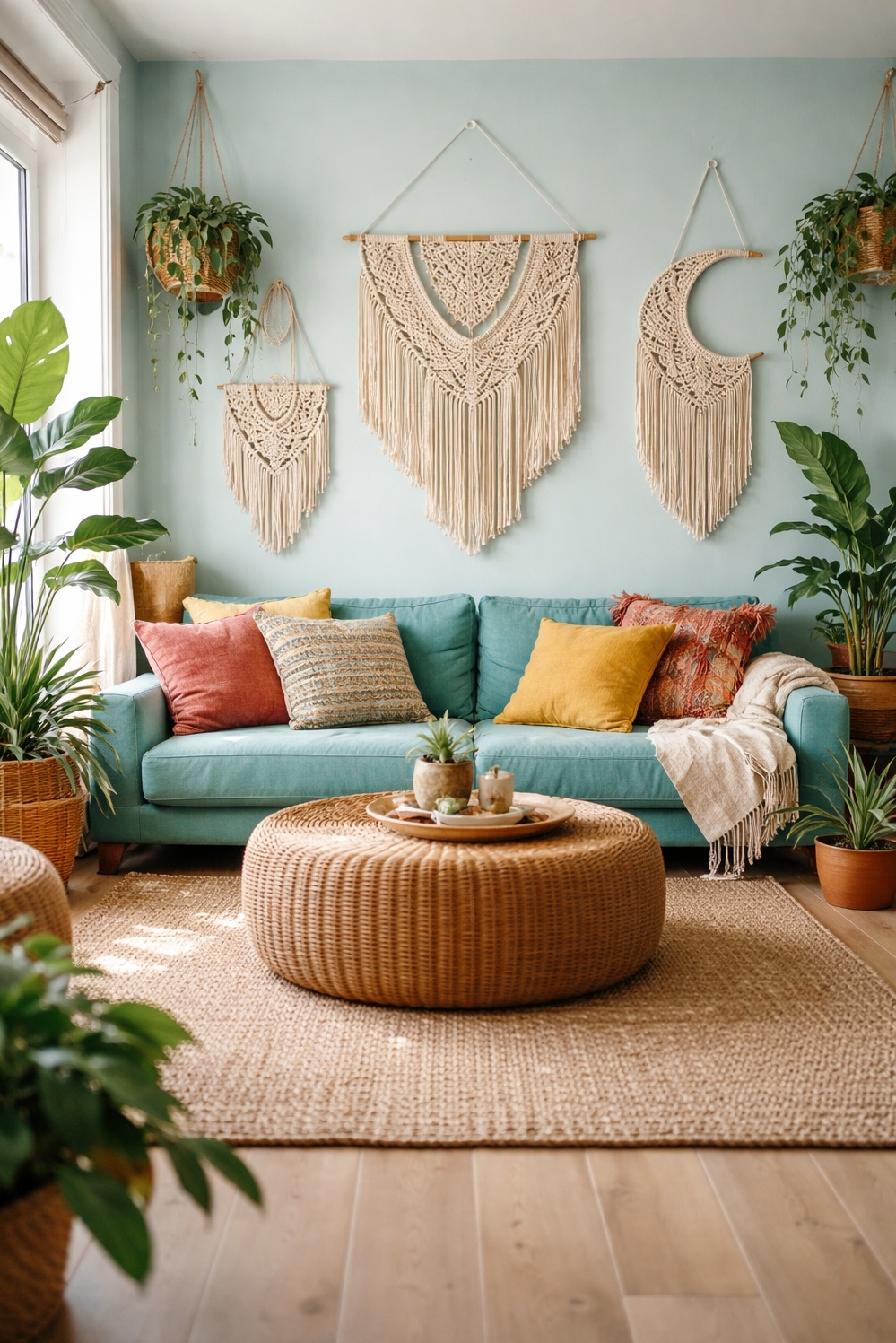 turquoise living room decor - Turquoise Walls Create Bohemian Calming Vibe - The turquoise walls in this bohemian living room...