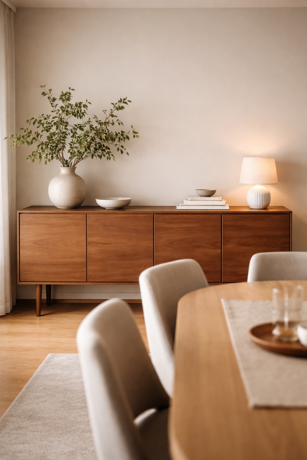 Wood accents for dining room - Sleek Wood Sideboard Anchors Dining Room - The sleek wood sideboard anchors this contemporary dining...