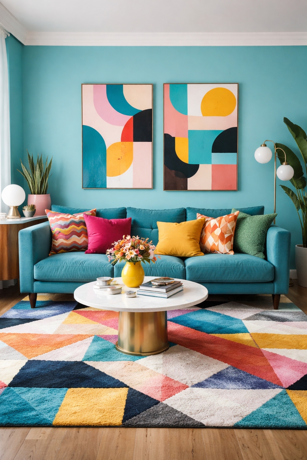 turquoise living room decor - Bold Turquoise Decor: Geometric Anchors - The geometric rug anchors this contemporary living room....