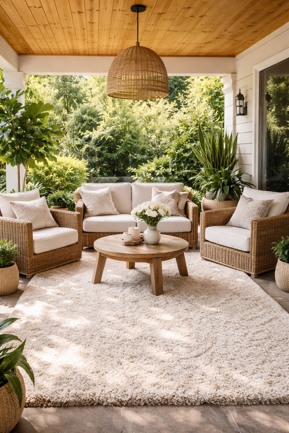 shaggy area rug ideas - Texture Defines a Shaggy Patio - The shaggy area rug anchors this covered patio,...