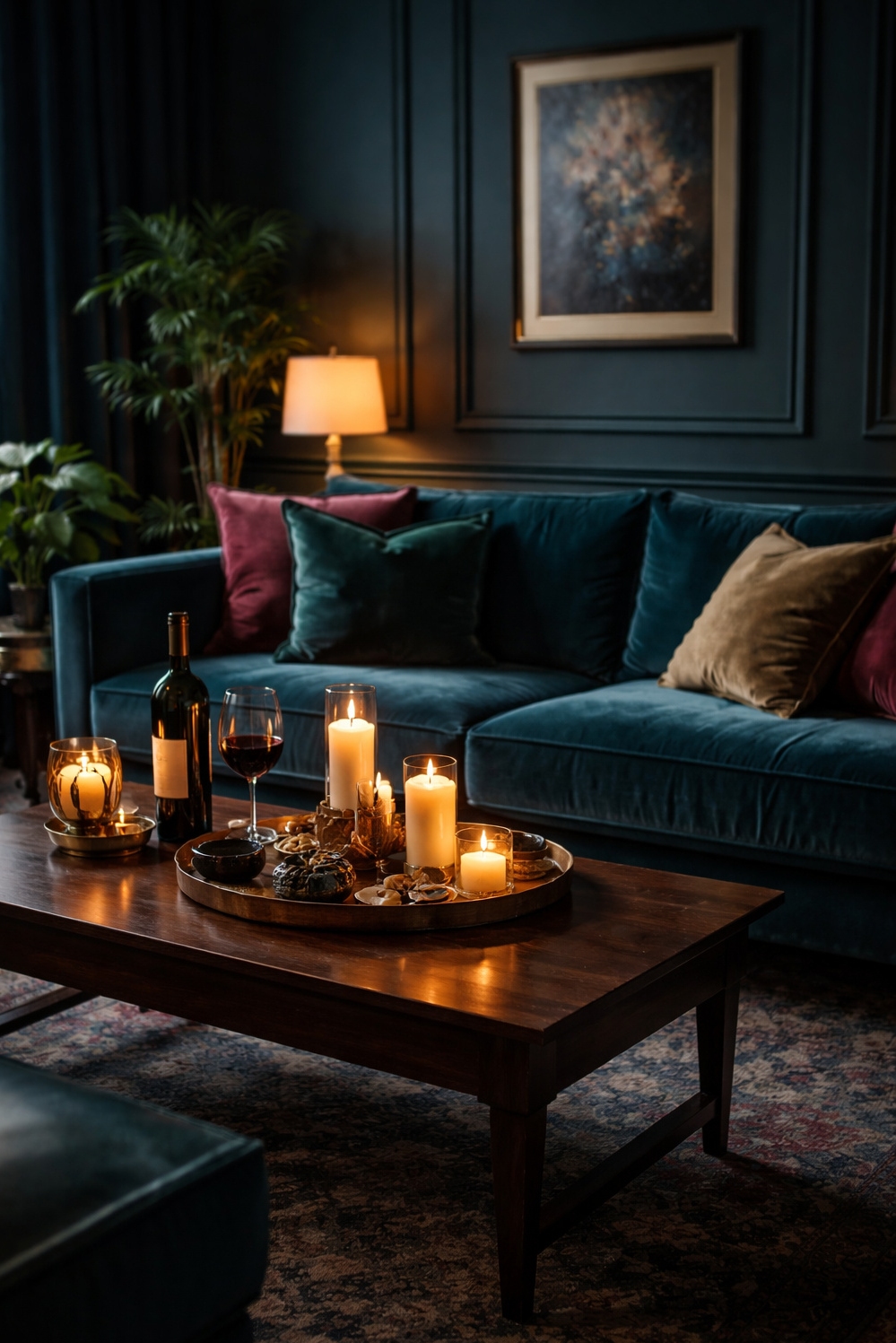 turquoise living room decor - Moody Turquoise Velvet Sofa Anchors Room - The velvet sofa anchors this moody turquoise living...