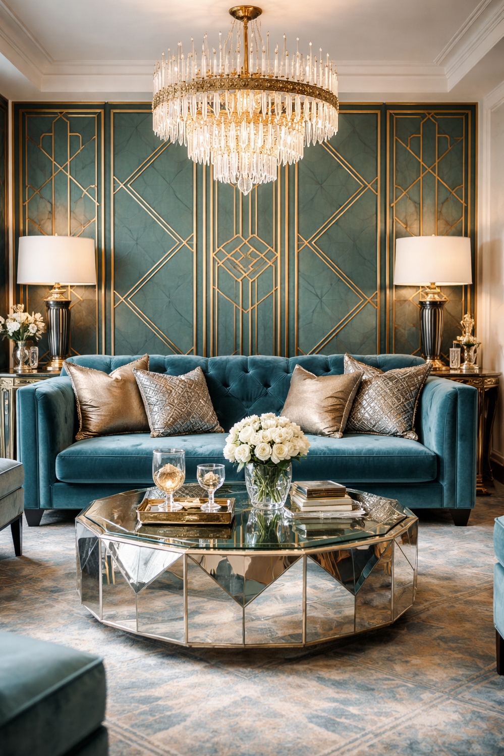 turquoise living room decor - Turquoise Velvet Sofa Anchors Deco Style - The velvet sofa anchors this Art Deco turquoise...