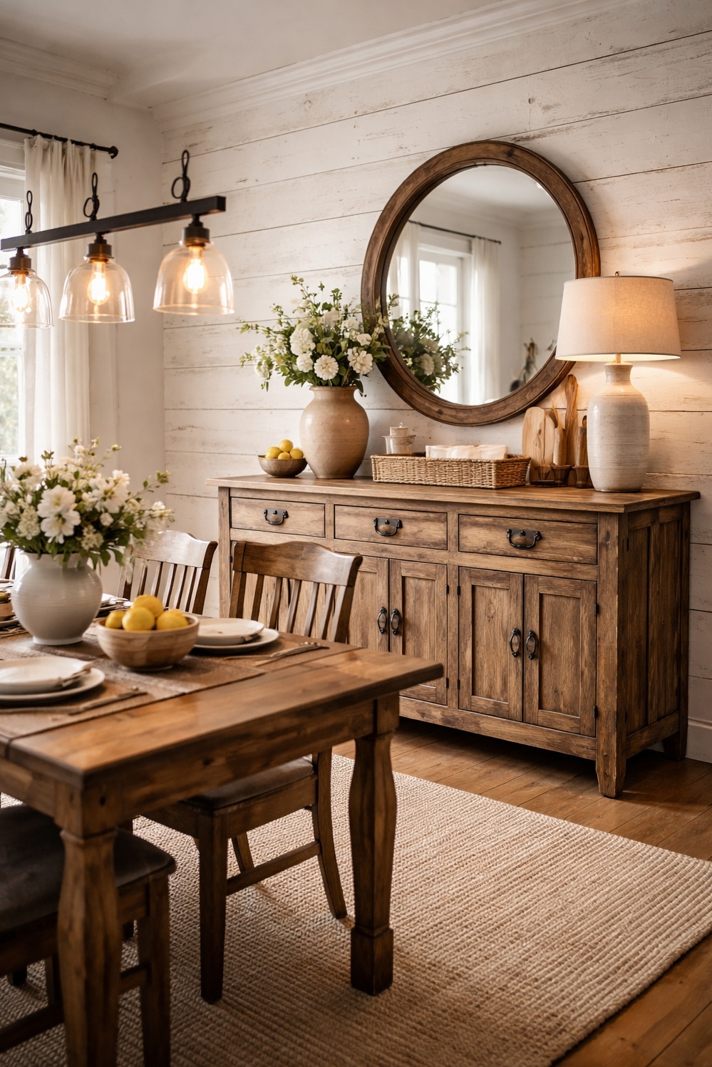 Wood accents for dining room - Reclaimed Wood Anchors Farmhouse Dining - The reclaimed wood buffet anchors this farmhouse-style dining...