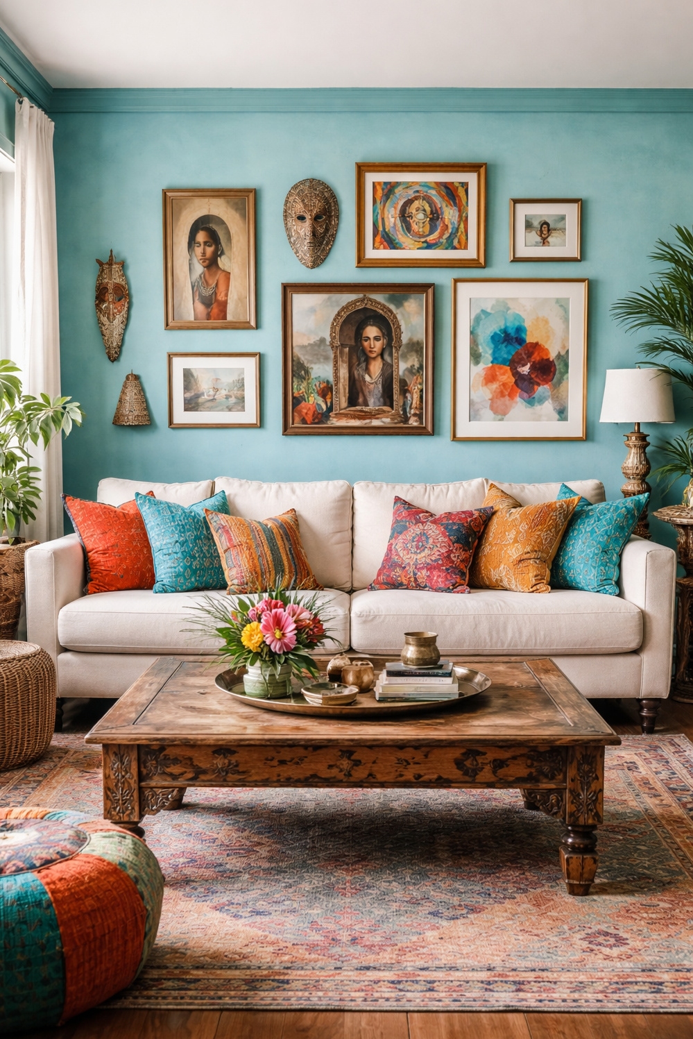 turquoise living room decor - Turquoise Sofa: Eclectic, Inviting Anchors - The turquoise sofa anchors this eclectic living room,...