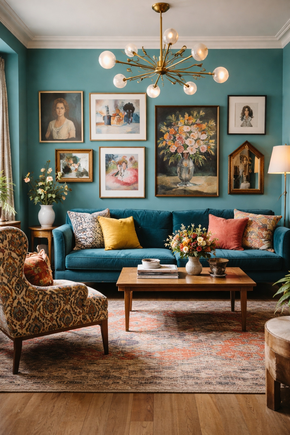 turquoise living room decor - Patterned Armchair Grabs Your Attention - The patterned armchair grabs your attention right away....