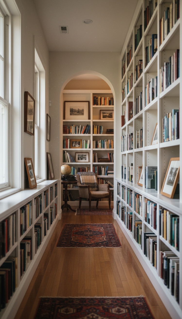 white bookshelves ideas - Bright White Bookshelves: Simple Hallway Transform - These white bookshelves ideas transform a simple hallway...