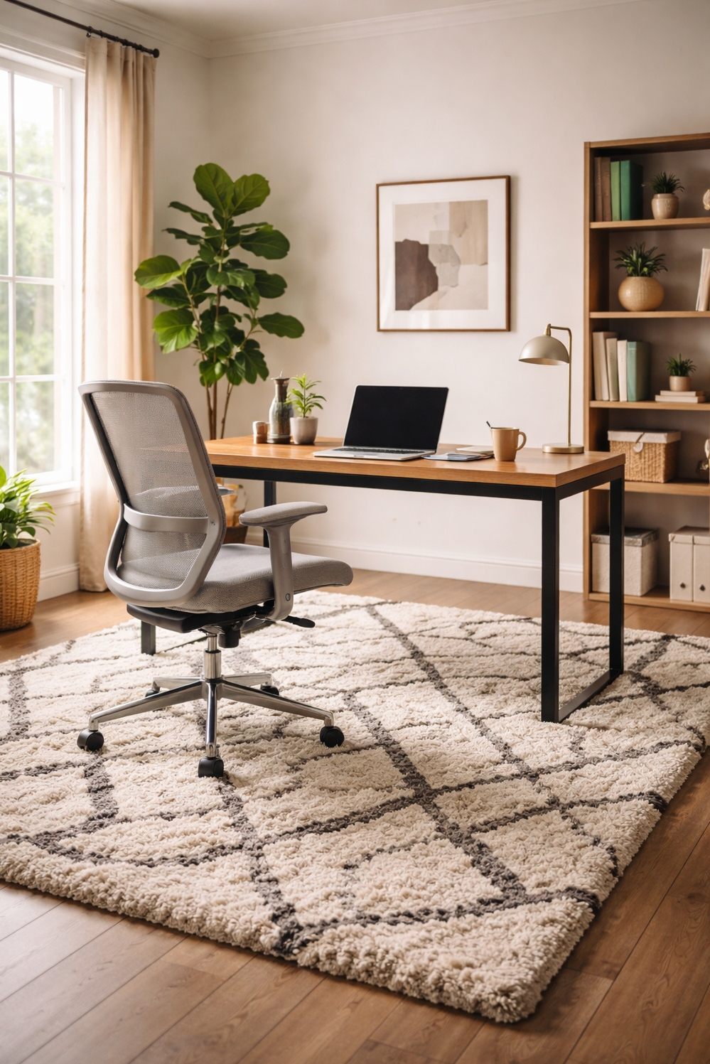 shaggy area rug ideas - Patterned Shaggy Rug Makes Home Office - The geometric patterned shaggy area rug really makes...