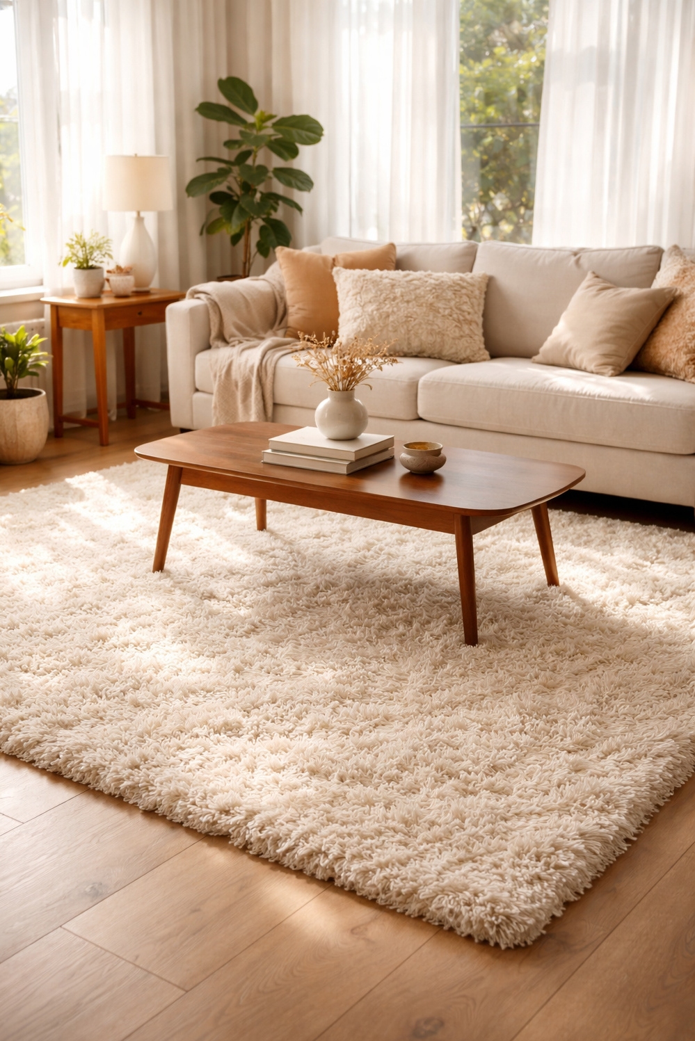 shaggy area rug ideas - Shaggy Rug Ideas for a Living Room - The cream-colored, shaggy area rug anchors this living...