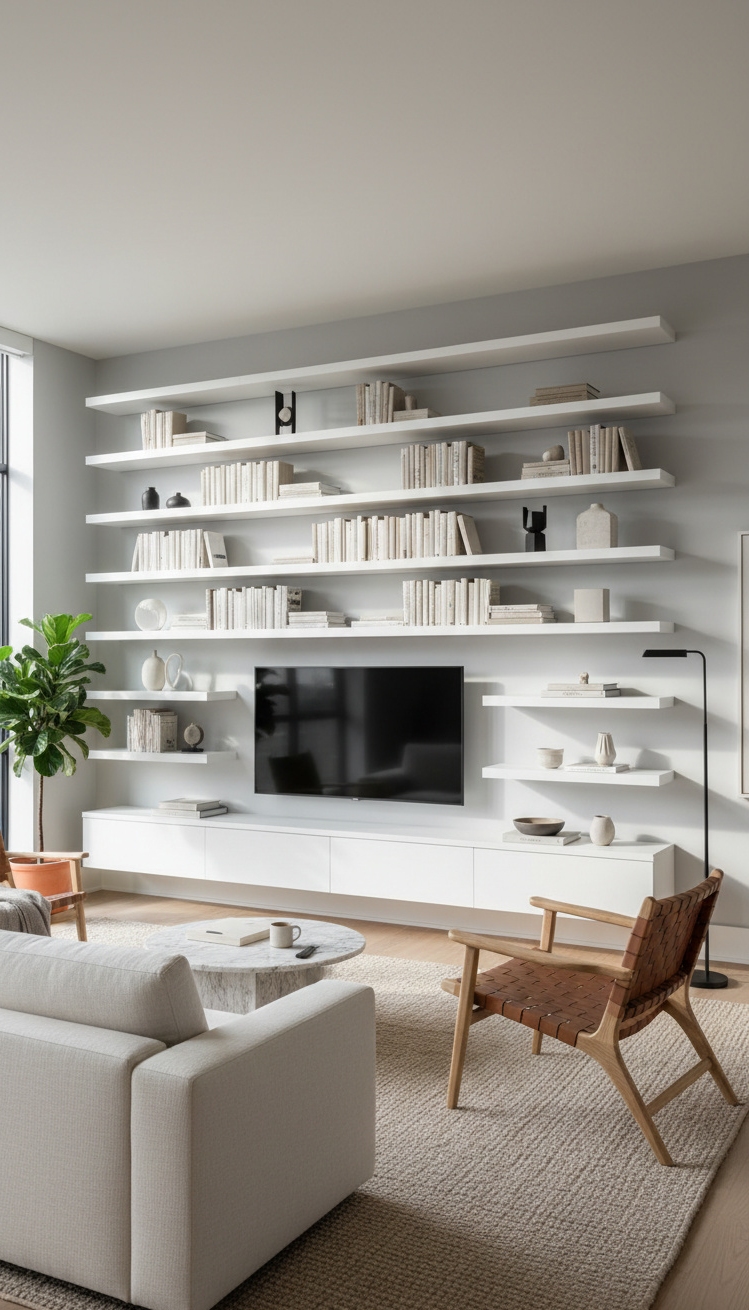 white bookshelves ideas - Floating White Bookshelves: Modern Focal Point - These floating white bookshelves create a focal point...