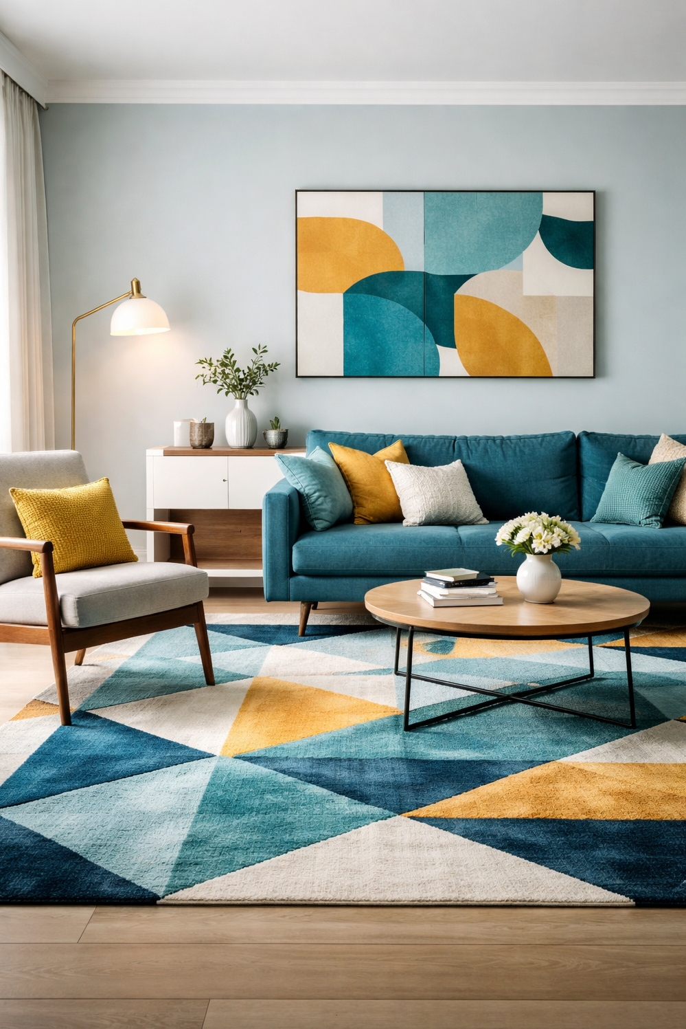 turquoise living room decor - Geometric Pattern Pulls Room Together - The geometric rug really pulls this modern turquoise...