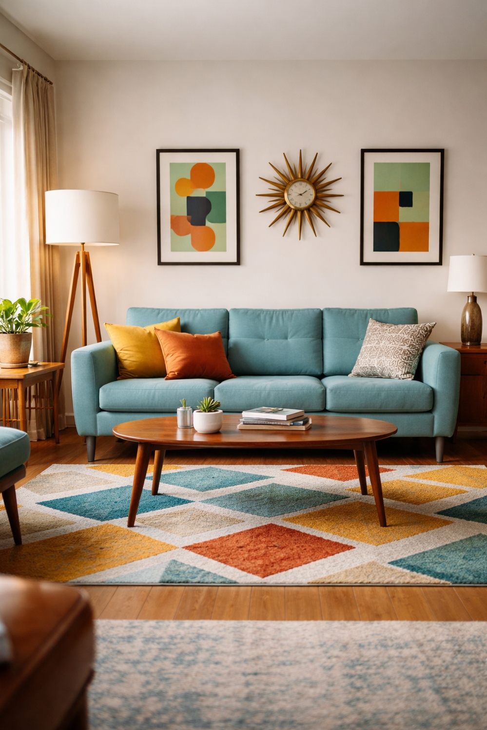 turquoise living room decor - Turquoise Sofa Anchors Modern Living Room - The turquoise sofa anchors this mid-century modern living...