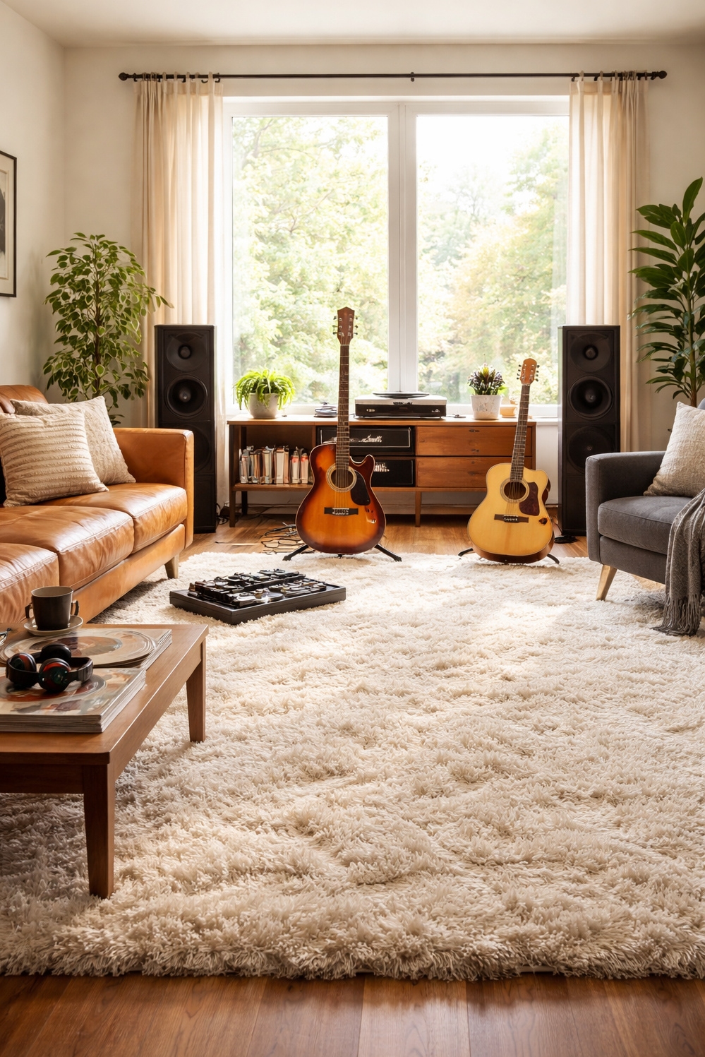 shaggy area rug ideas - Soft Landing: Shaggy Rug in Music Room - These shaggy area rug ideas create a soft...