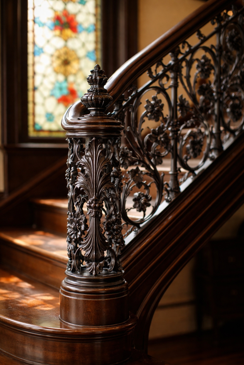 Black metal stair railings - Ornate Black Railings Steal the Show - These ornate black metal stair railings steal the...