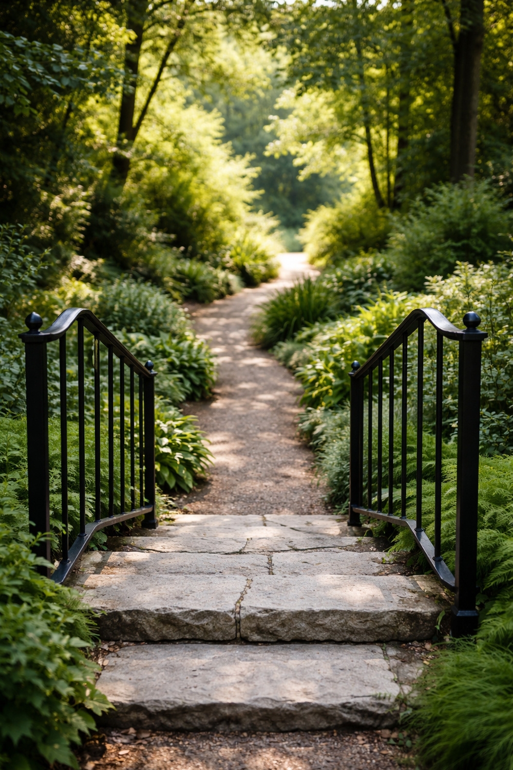 Black metal stair railings - Black Railings: Striking Garden Contrast - These black metal stair railings offer a striking...