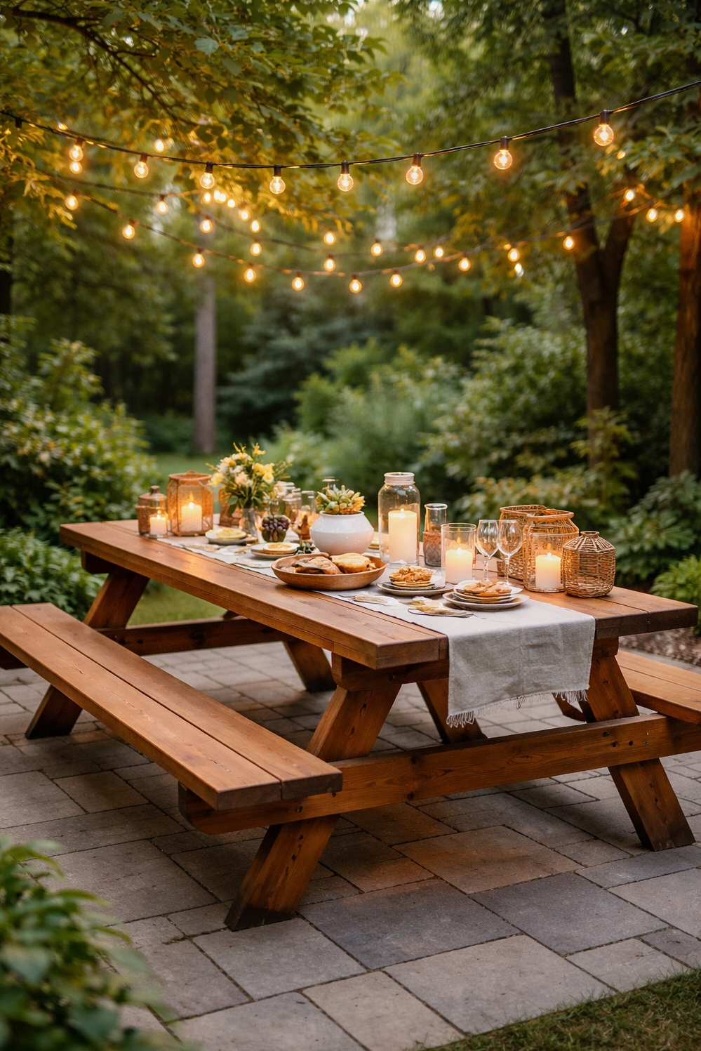 Wood accents for dining room - Wood Anchors Relaxed Outdoor Dining Area - The wood picnic table anchors this outdoor dining...