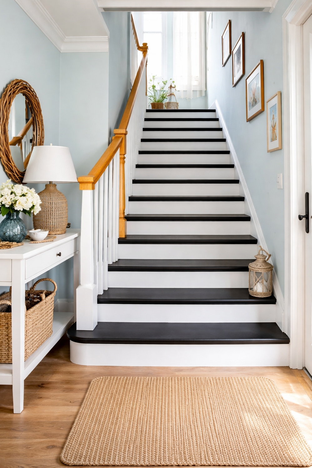 Black painted stair treads ideas - Black Stair Treads: Striking Light Against Blue - These black painted stair treads offer a striking...